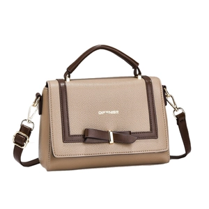 Chic beige and brown leather crossbody square bag with gold buckle and bow detail