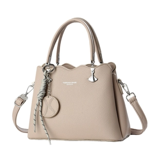 Große beige Henkeltasche aus Leder mit Lychee-Maserung und abnehmbarem Schultergurt