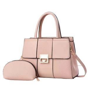 Pink patchwork crossbody bag set with gold buckle and matching zipper coin purse