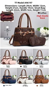 Detailed view of snake-embossed handbag set with size measurements and bow decoration
