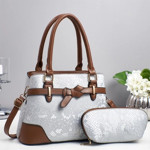 Chic two-piece women's snakeskin texture tote bag and matching pouch in white and brown