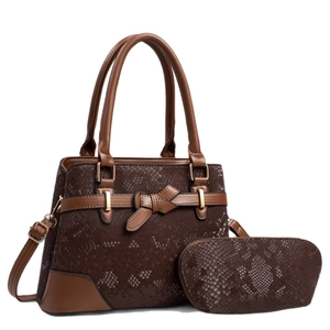 Brown snake pattern tote bag set with bow detail and adjustable shoulder strap
