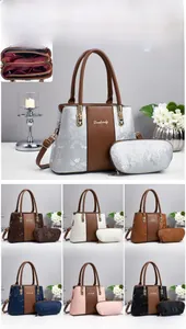 Detailed view of bicolor PU leather handbag set with dimensions and seven color options