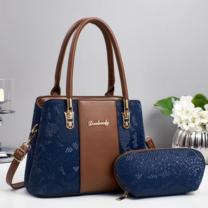 Large blue and brown patchwork tote bag with snake texture and matching coin purse