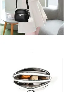 Crossbody bag detail with three zip compartments showing internal storage for phone and makeup