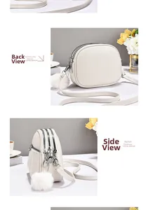 Detailed back and side views of a white textured leather mini crossbody bag with three zippers