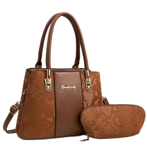 Caramel brown snakeskin textured handbag set with matching pouch and shoulder strap