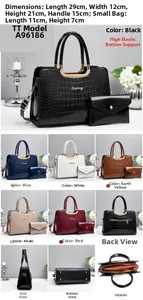 Detail view of crocodile pattern handbag set with dimensions and various color options