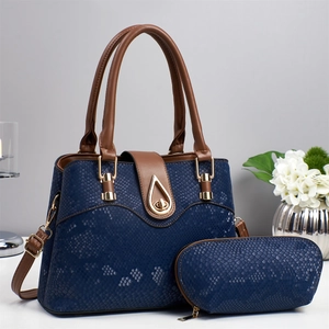 Elegant Snakeskin Embossed PU Leather Handbag And Matching Pouch Crossbody Shoulder Bag With Golden Teardrop Lock For Women