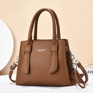 Brown litchi grain leather tote bag with top handles and detachable shoulder strap