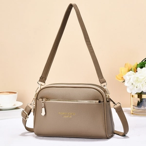 Women Crossbody Shoulder Bag PU Leather Litchi Pattern Triple Zipper Layers Lightweight Casual Fashion Handbag For Daily