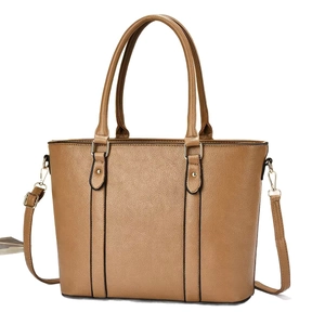 Vintage large capacity camel tote bag in textured faux leather with adjustable strap