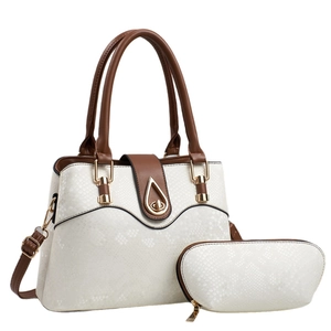 Two-piece white faux snakeskin handbag set with brown trim and gold teardrop clasp