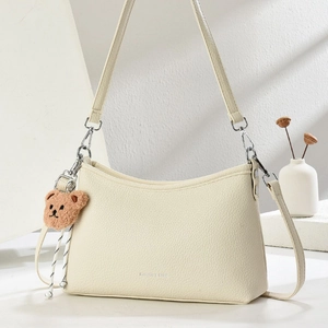 Women PU Leather Hobo Shoulder Bag Large Capacity Lychee Texture Crossbody Underarm Bag With Plush Bear Charm