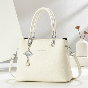 Fashion Women Lychee Texture PU Leather Handbag Large Capacity Commuter Shoulder Bag With Chinese Knot Artificial Pearl Pendant