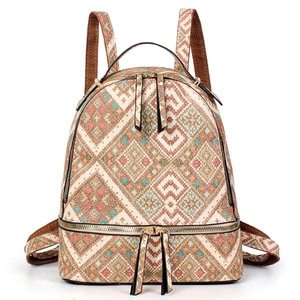 Ethnic woven backpack with geometric diamond patterns and brown straps on white background