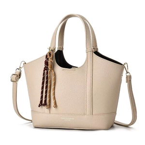 Minimalist cream white leather bucket bag with top handles and adjustable shoulder strap
