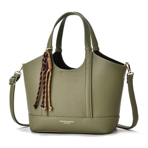 Olive green lychee pattern leather bucket bag with top handles and adjustable strap