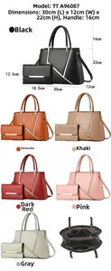 Détail d'un grand cabas en cuir PU et son portefeuille assorti en six coloris variés