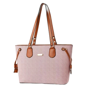 Pink herringbone tote bag with brown faux leather trim and dual straps on white background