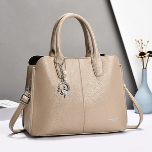 Elegant khaki lychee grain leather handbag with pearl charm for women, 2025 style