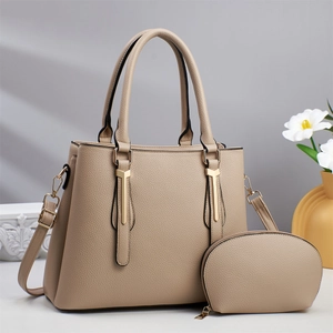 Chic beige lychee grain PU leather shoulder bag set with gold T-metal hardware and pouch