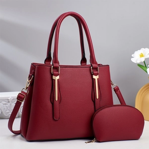 Litchi texture burgundy tote bag set with mini clutch and gold metal hardware