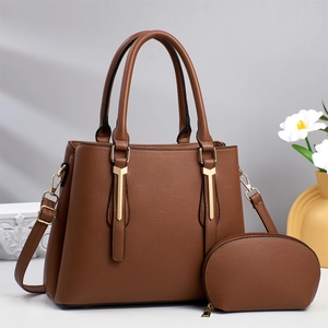 Brown litchi grain tote bag set with golden T-pendant and matching small coin purse