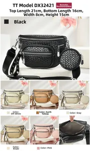 Detail view of woven crossbody bag with round coin purse and adjustable studded strap
