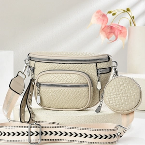 Beige woven texture crossbody bag with patterned wide strap and mini round pouch