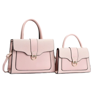 Pink leather handbag set with woven texture flap and gold metal buckles on white background