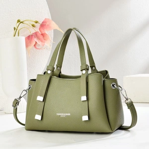 Olive green litchi grain leather handbag with dual handles and detachable shoulder strap