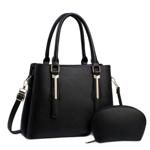 Black textured leather tote bag set with golden T-shape hardware and mini round pouch