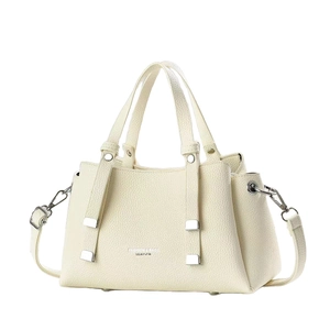 Classic beige pebbled leather handbag with double top handles and silver accents