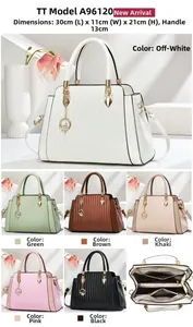 Vue détaillée du sac à main pour femme avec dimensions 30x11x21cm et intérieur à compartiments