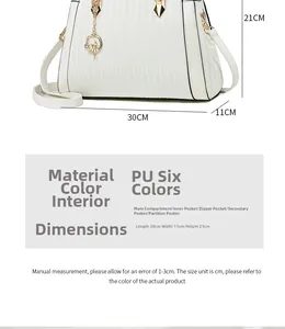 Size chart showing a 30x11x21cm white PU leather handbag with striped texture and dimensions