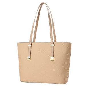 Brown woven tote bag with spacious interior and golden logo on clean white background