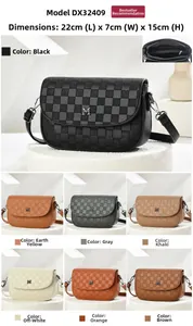 Detailed view of checkered crossbody bags in 7 colors with metal M logo and dimensions