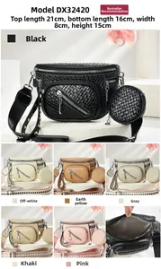Detailed view of woven crossbody bag with round coin purse and multi-color options