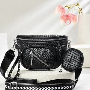 Women Chest Bag And Round Coin Purse PU Woven Texture Multi Pocket Wide Adjustable Geometric Strap Casual Fashion