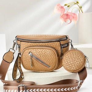 Khaki woven crossbody bag set with small round coin purse and adjustable wide strap