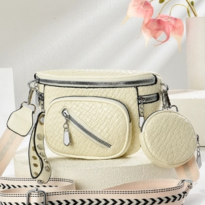 Cream multi-functional crossbody bag with crocodile texture and geometric strap on base