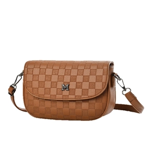 Brown leather crossbody bag with checkered pattern and metallic M logo on a white background