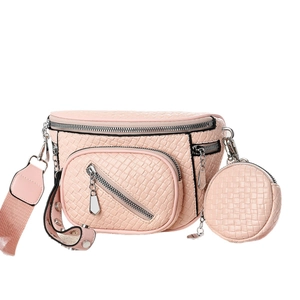 Pink crossbody bag set with woven texture, main compartment and small round coin purse