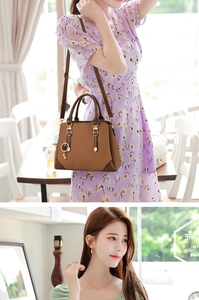 Detail of coffee woven handbag with pearl clover pendant and leather handle for women
