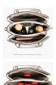 Internal view of a multi-compartment white tote bag showing organized storage space