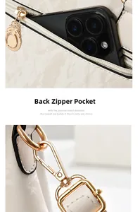 Detail view of back zipper pocket for smartphone and gold-tone metal shoulder strap hook