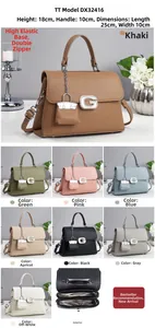 Detailed view of women's square handbag with size specs and interior compartments
