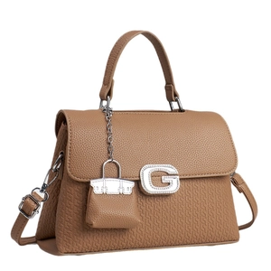 Brown lychee leather square tote bag with gold metal logo and mini bag charm