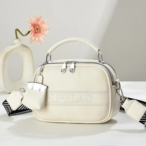Elegant Fashion Women Crossbody Handbag Litchi Grain Leather Top Handle Double Zipper Wide Strap With Mini Bag Charm